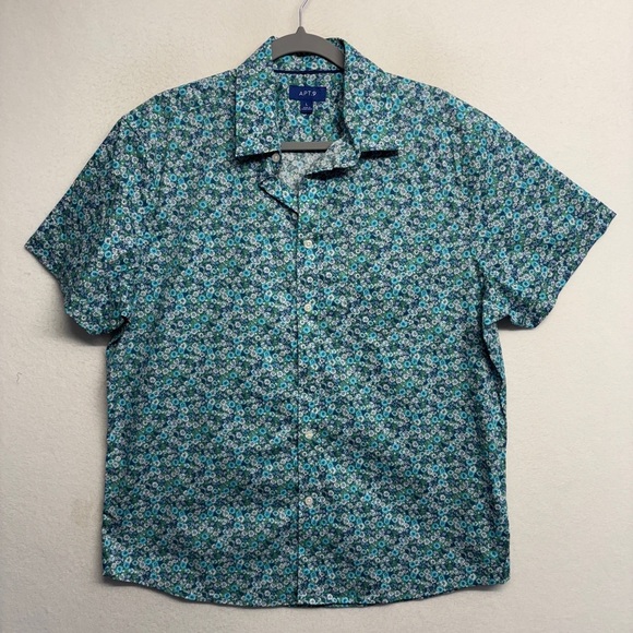 Apt 9 Floral Short Sleeve Button Down Shirt L Blue Green Collared - Picture 1 of 7